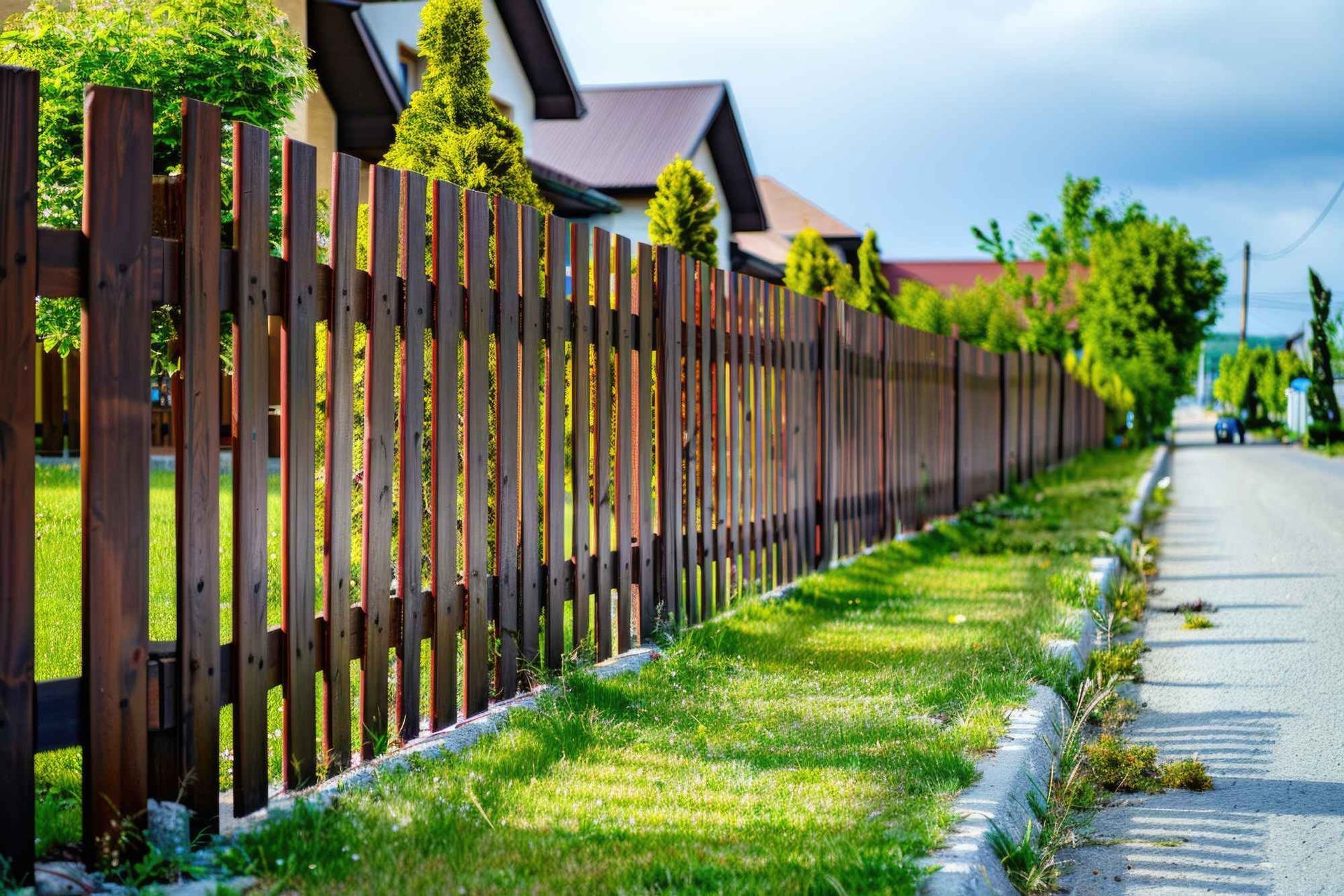 A wooden fence along a sidewalk in front of a house.