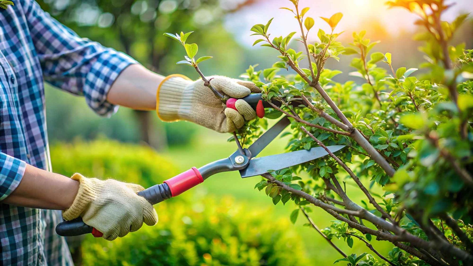 A person in checkered polo is cutting a bush with a pair of scissors.