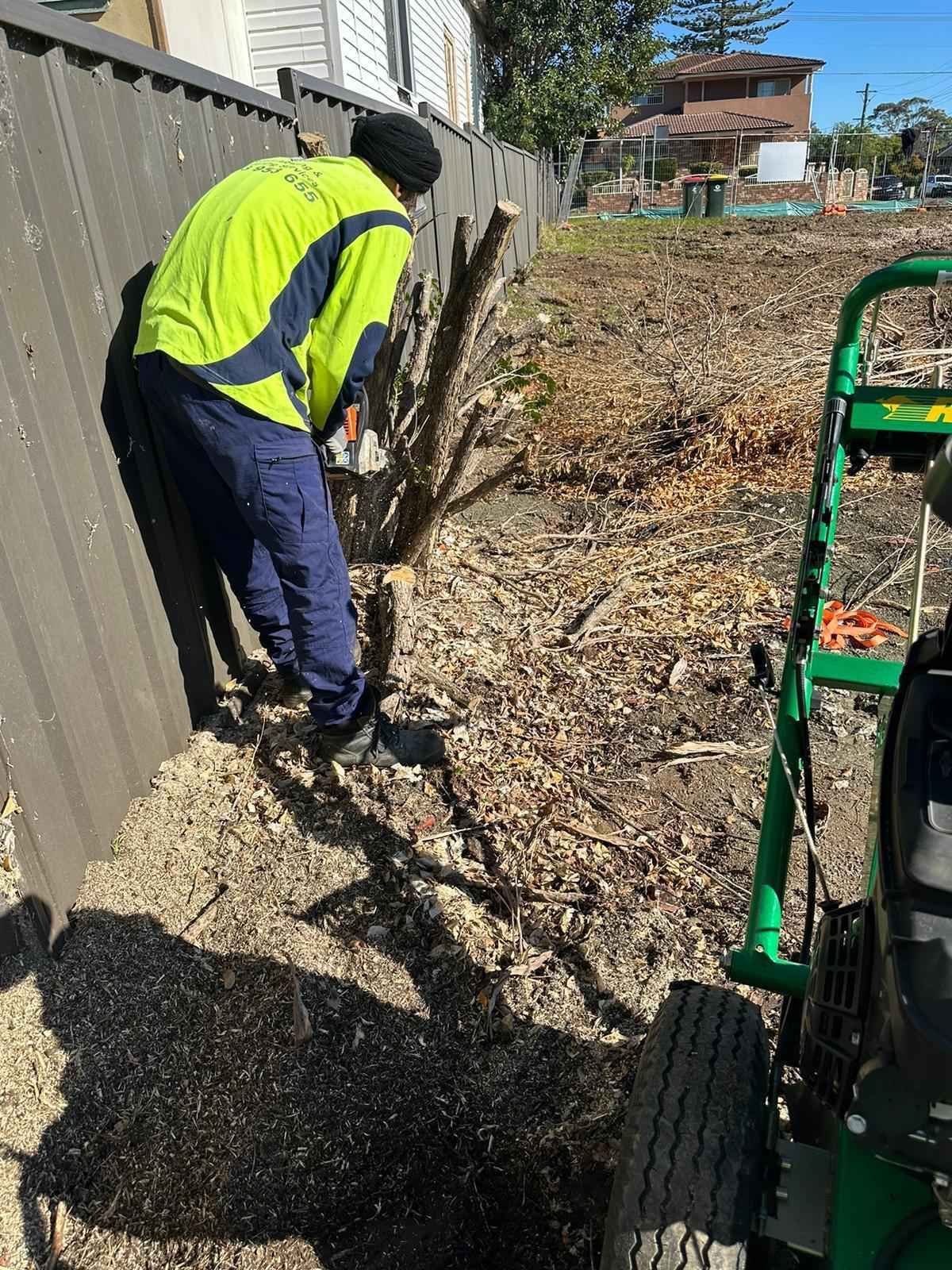 A man is using a stump grinder to remove a tree stump.