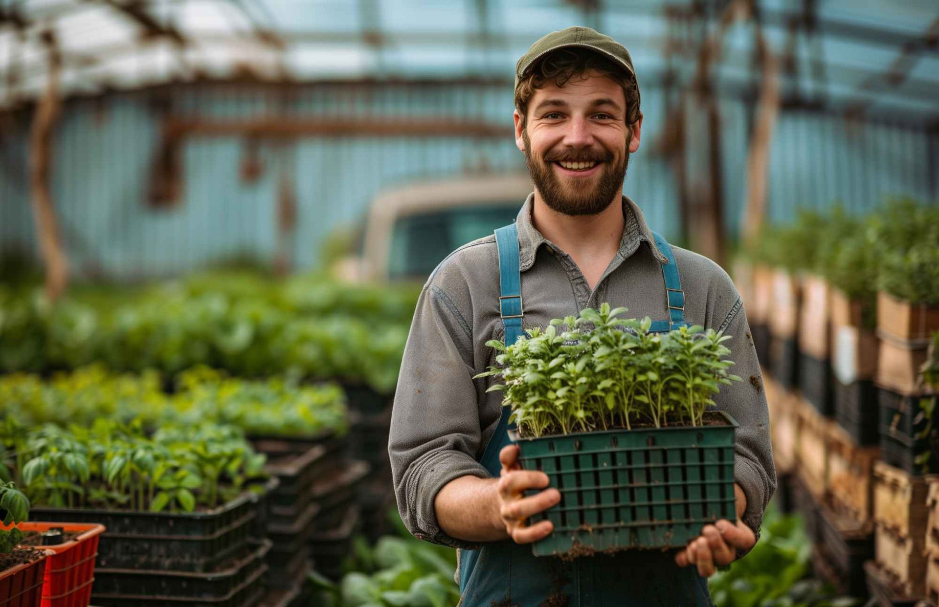 A man is holding a basket of plants in a greenhouse.