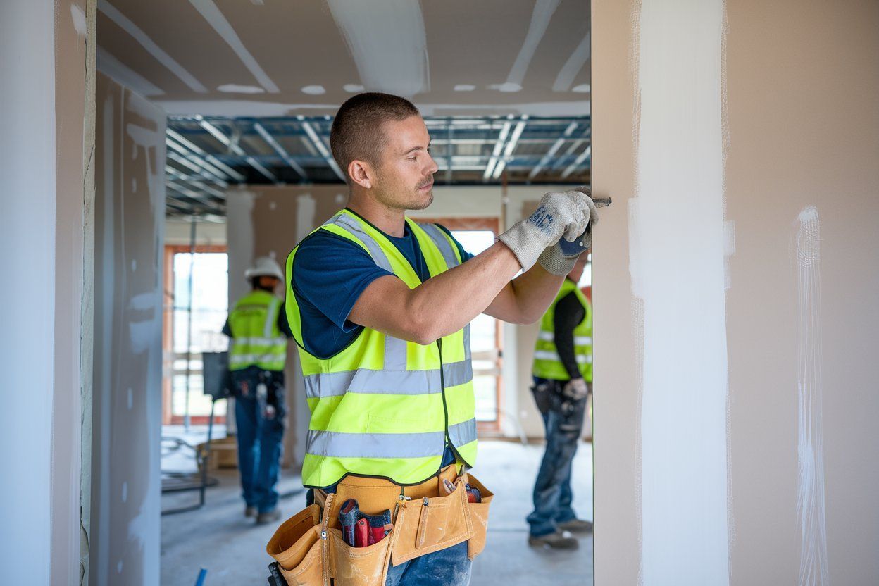 A construction worker is using a drill to drill a hole in a wall.