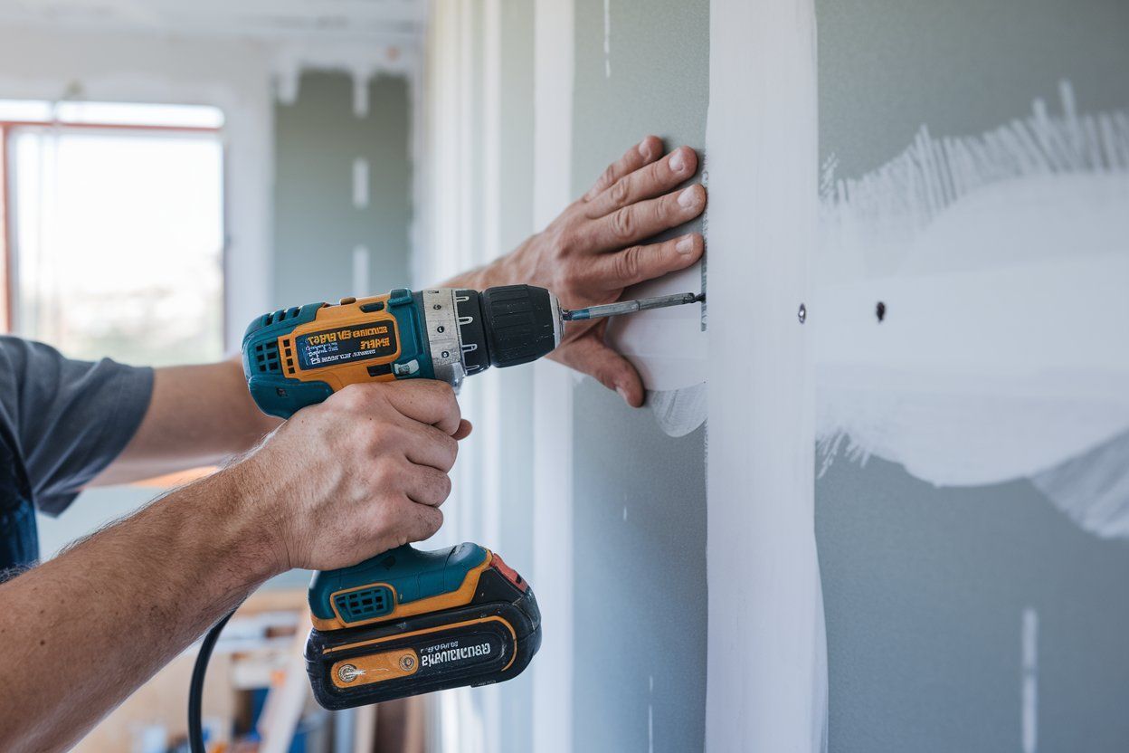 A man is using a drill on a wall.