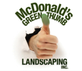Green thumb up sign from a hand bursting through paper with "McDonald's Green Thumb Landscaping" text.