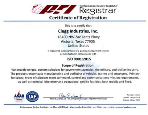 A certificate of registration for clegg industries , inc.