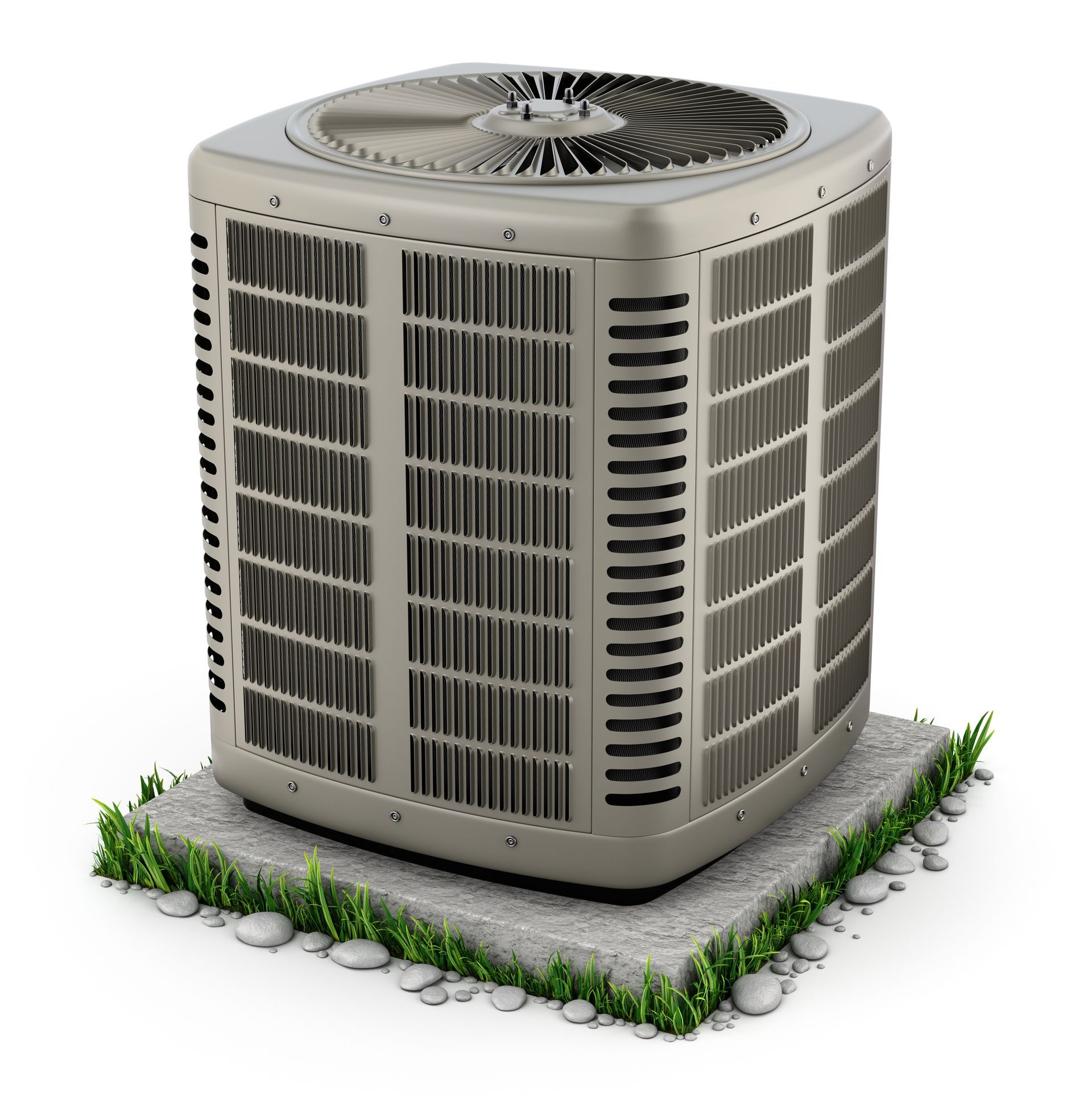 Outdoor air conditioner condenser unit on a small gravel pad with grass around it