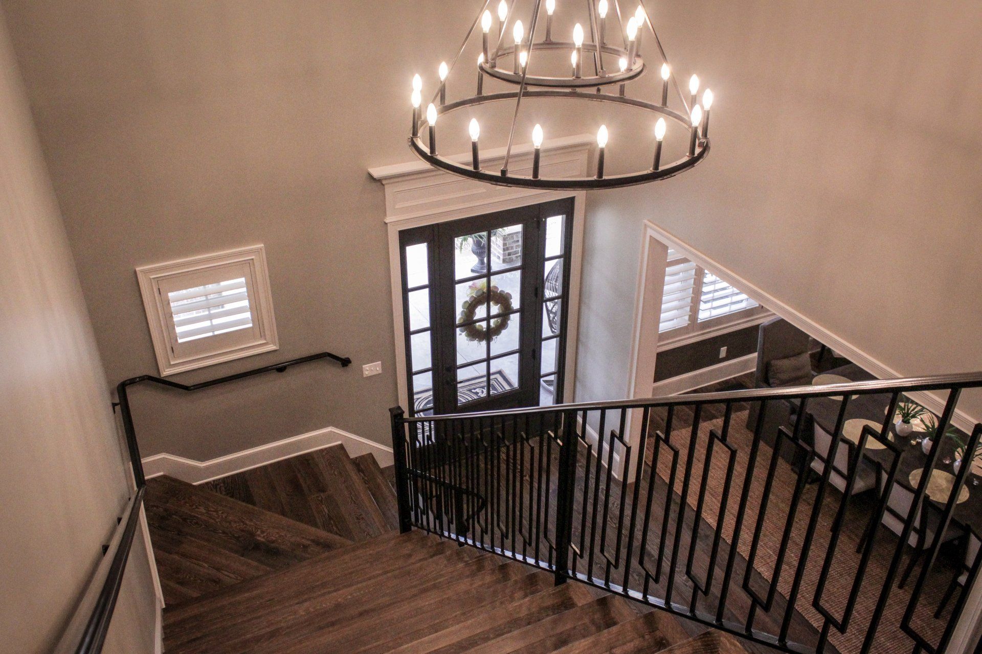 staircase build and hanging chandelier