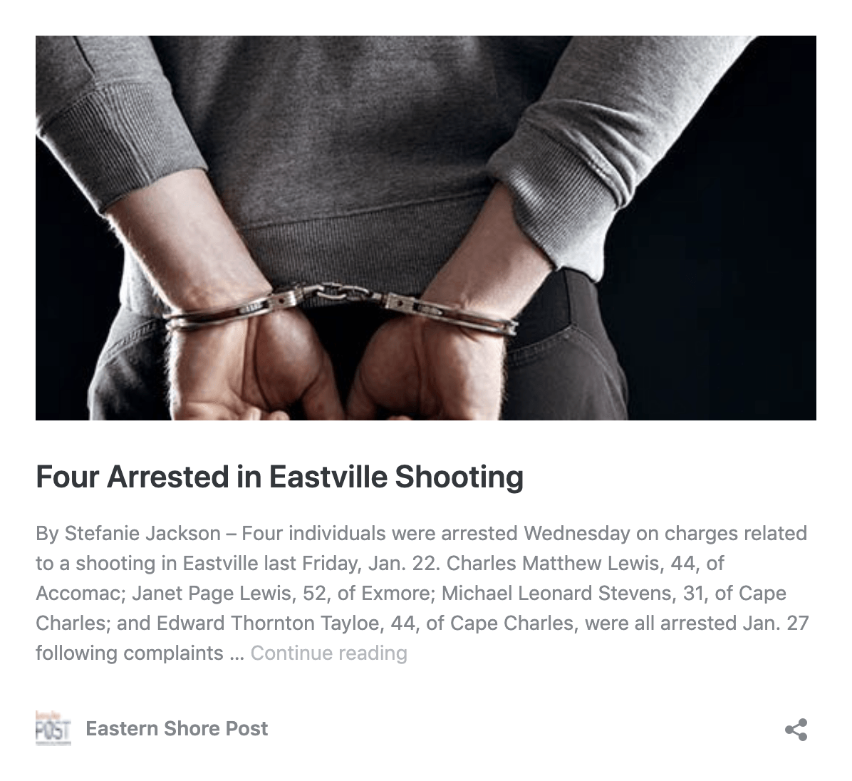 Four Arrested in Eastville Shooting