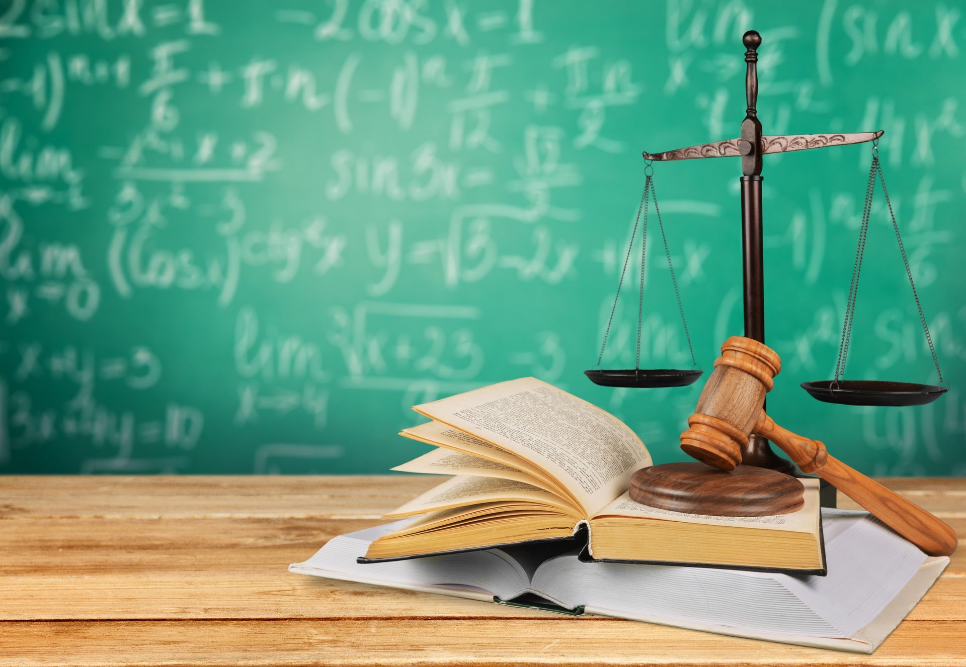 a book, scale and gavel in front of a chalkboard
