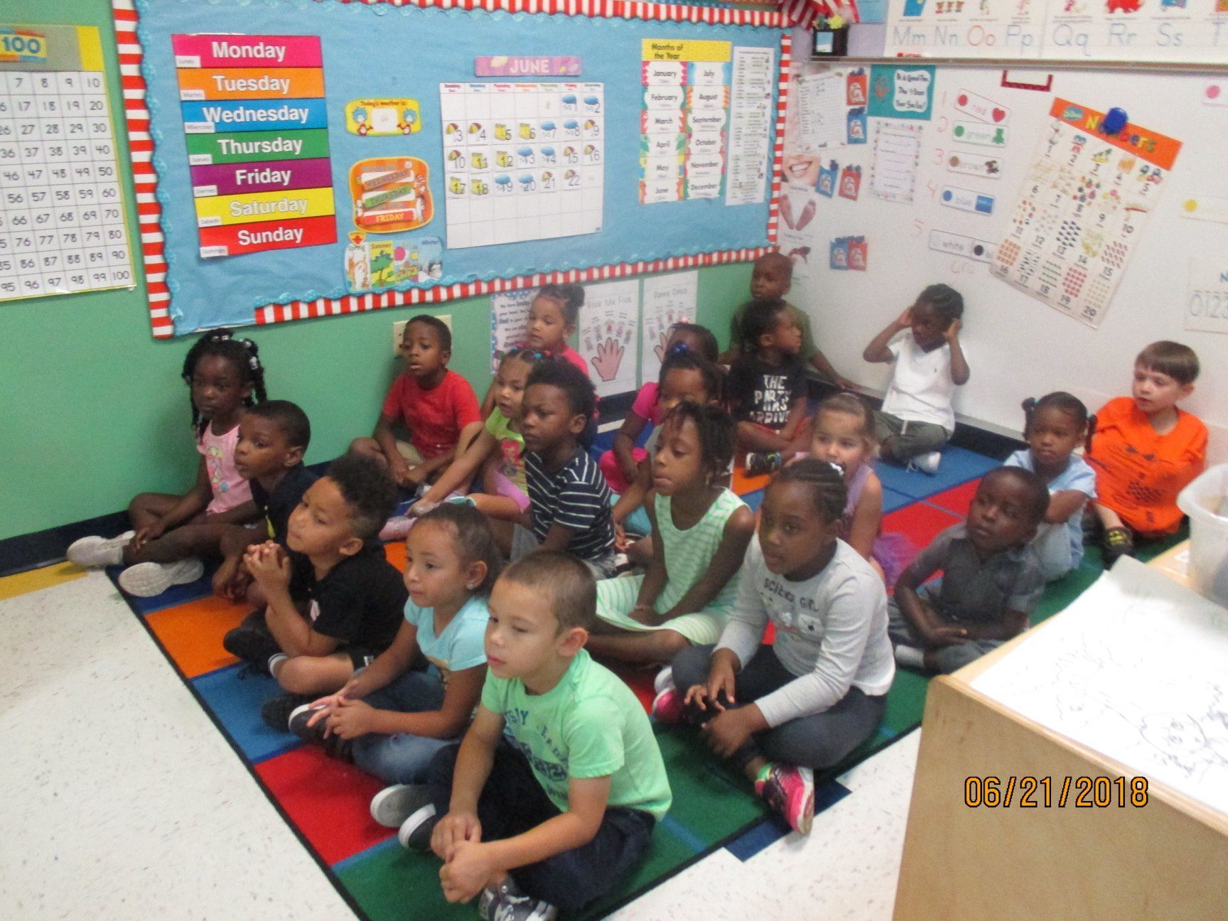 Children seated on a rug in a classroom; watching something.