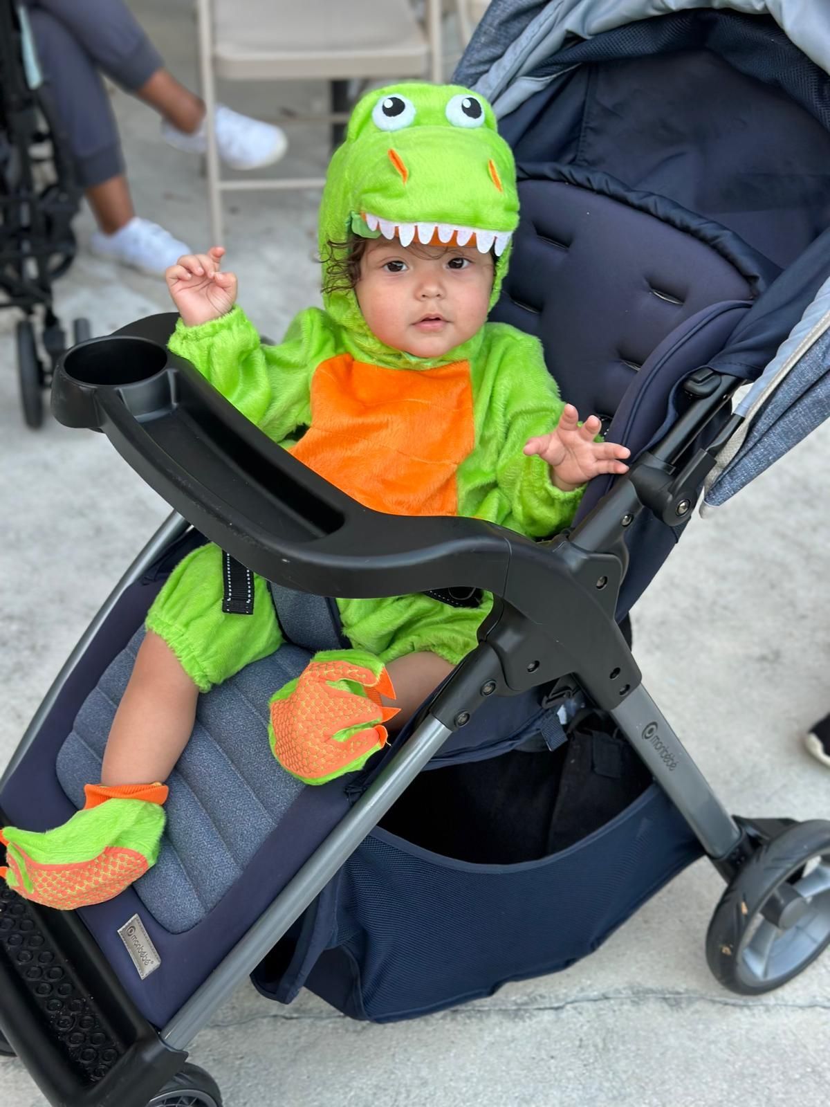 Baby in a dinosaur costume sits in a stroller. The child has curly hair, wearing green and orange with an alert expression.