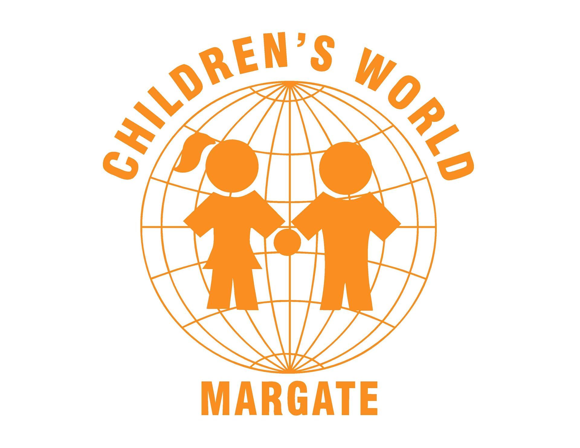 Orange logo with globe, children holding hands, text 