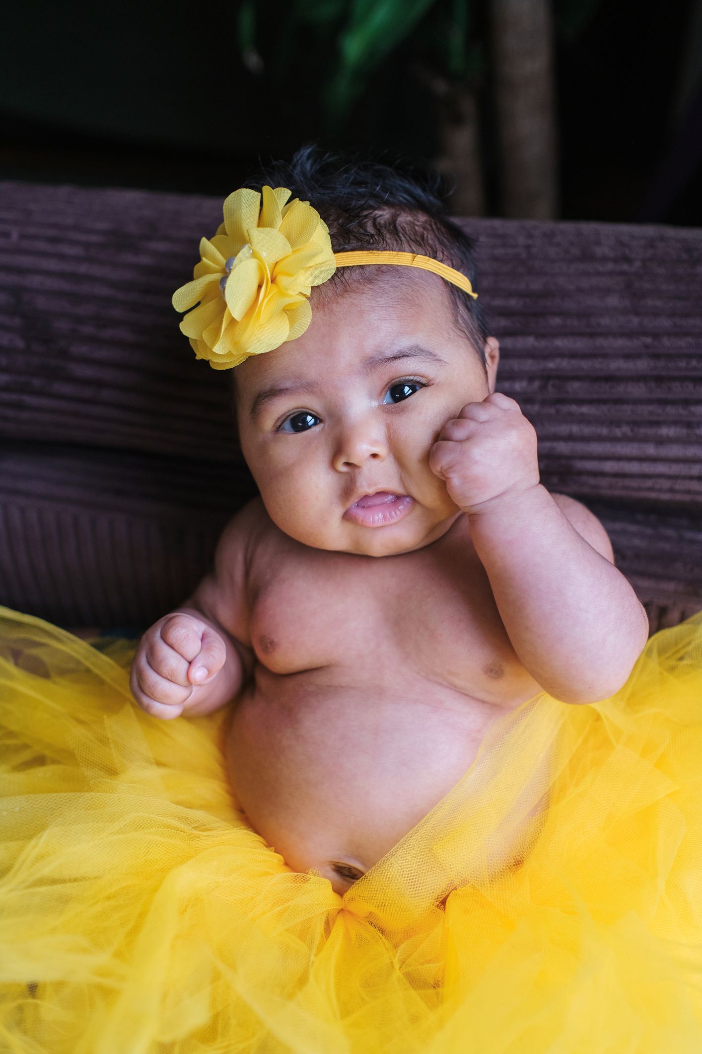 A baby is wearing a yellow tutu and a yellow flower headband.