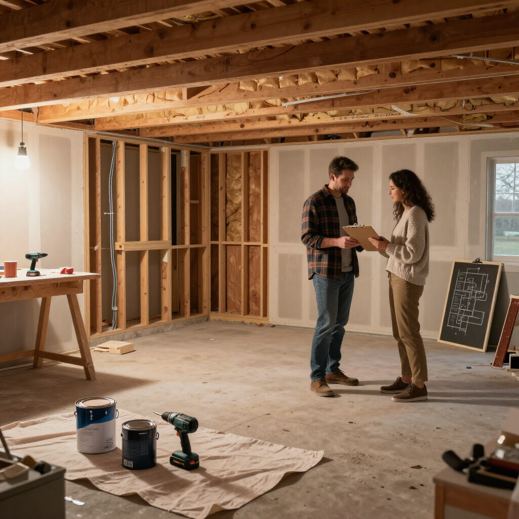 Two people discussing plans in a basement under renovation with exposed studs and tools on the floor