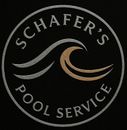Schafer's Pool Service logo: silver circular border, curved waves (silver & gold), black background.