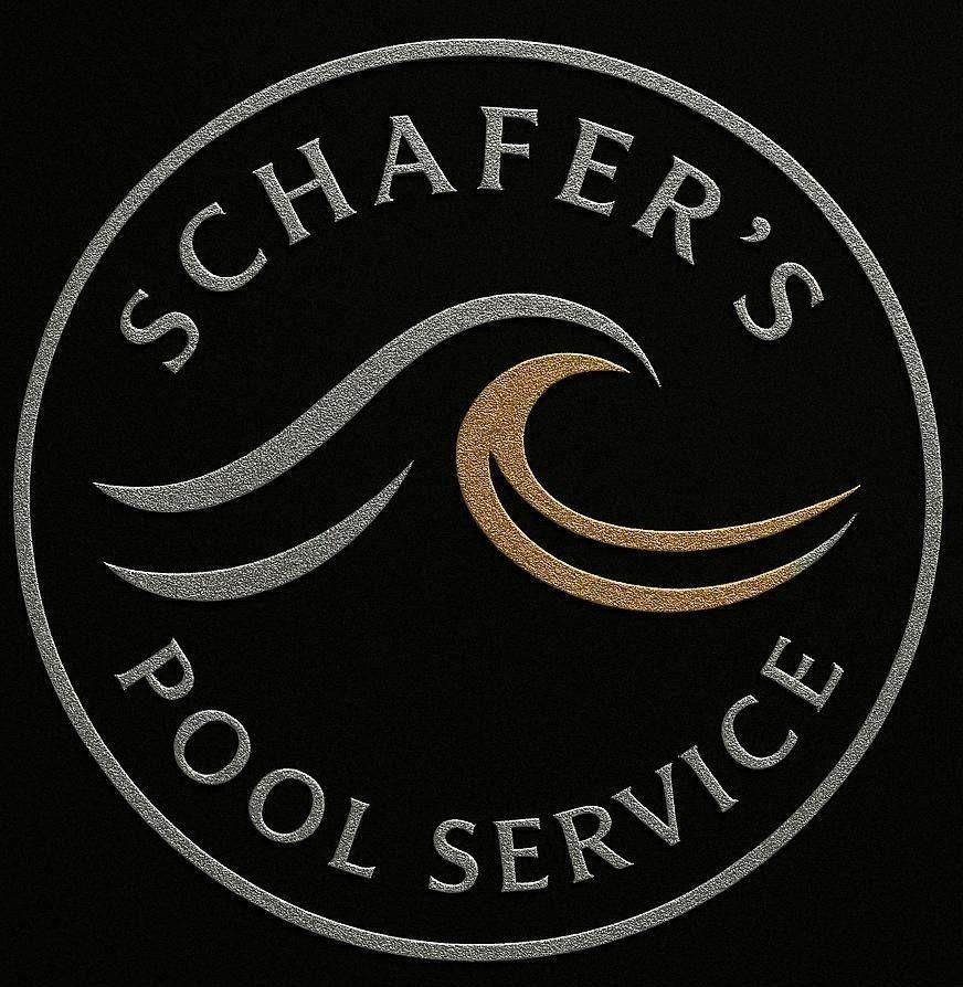 Schafer's Pool Service logo: silver circular border, curved waves (silver & gold), black background.