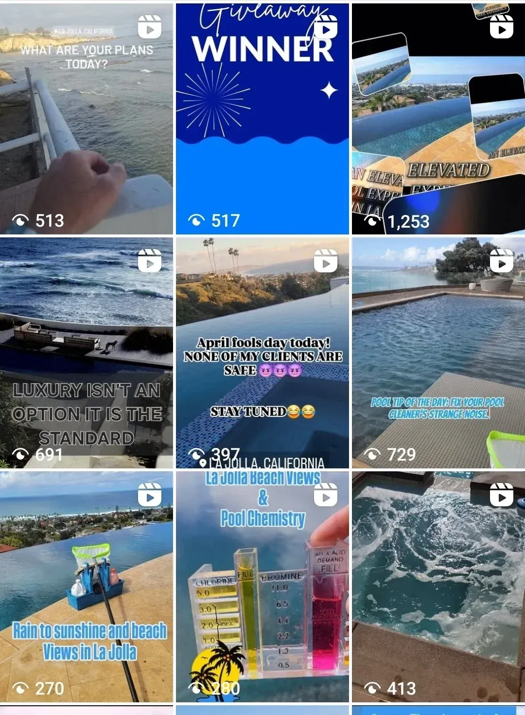 Instagram grid of travel and lifestyle content. Shows photos of scenic views, pools, and contests.
