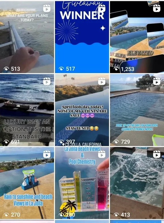 Instagram grid of travel and lifestyle content. Shows photos of scenic views, pools, and contests.
