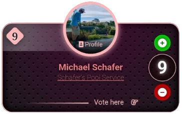 Profile card of Michael Schafer, golfer, with a 9 rating and voting options.