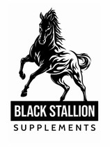 Black logo of a rearing stallion above the text "BLACK STALLION SUPPLEMENTS."