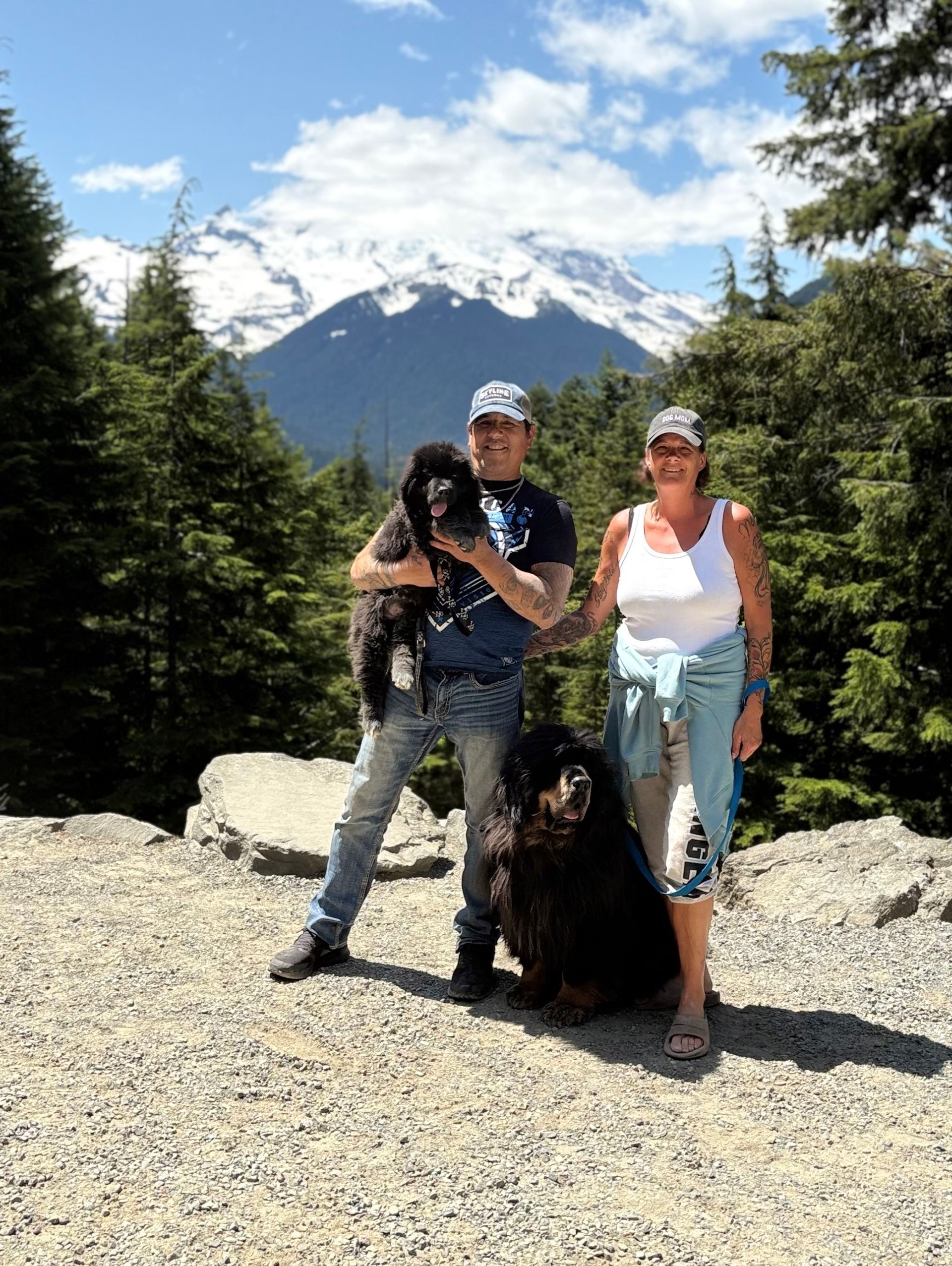 Couple with two black dogs pose in front of a snow-capped mountain.