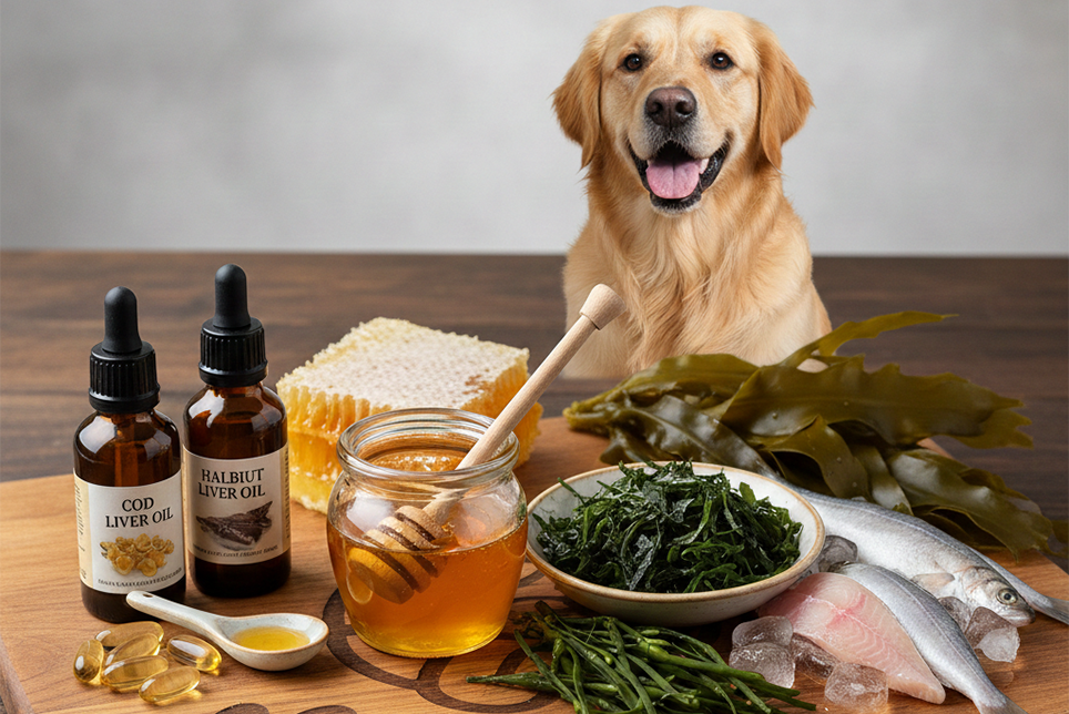Golden retriever smiles behind a wooden board holding various healthy food items, including honey, fish, and supplements.