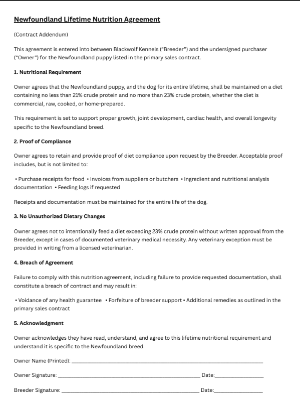 Newfoundland Lifetime Nutrition Agreement. Text on a white background with headings and blank fields.