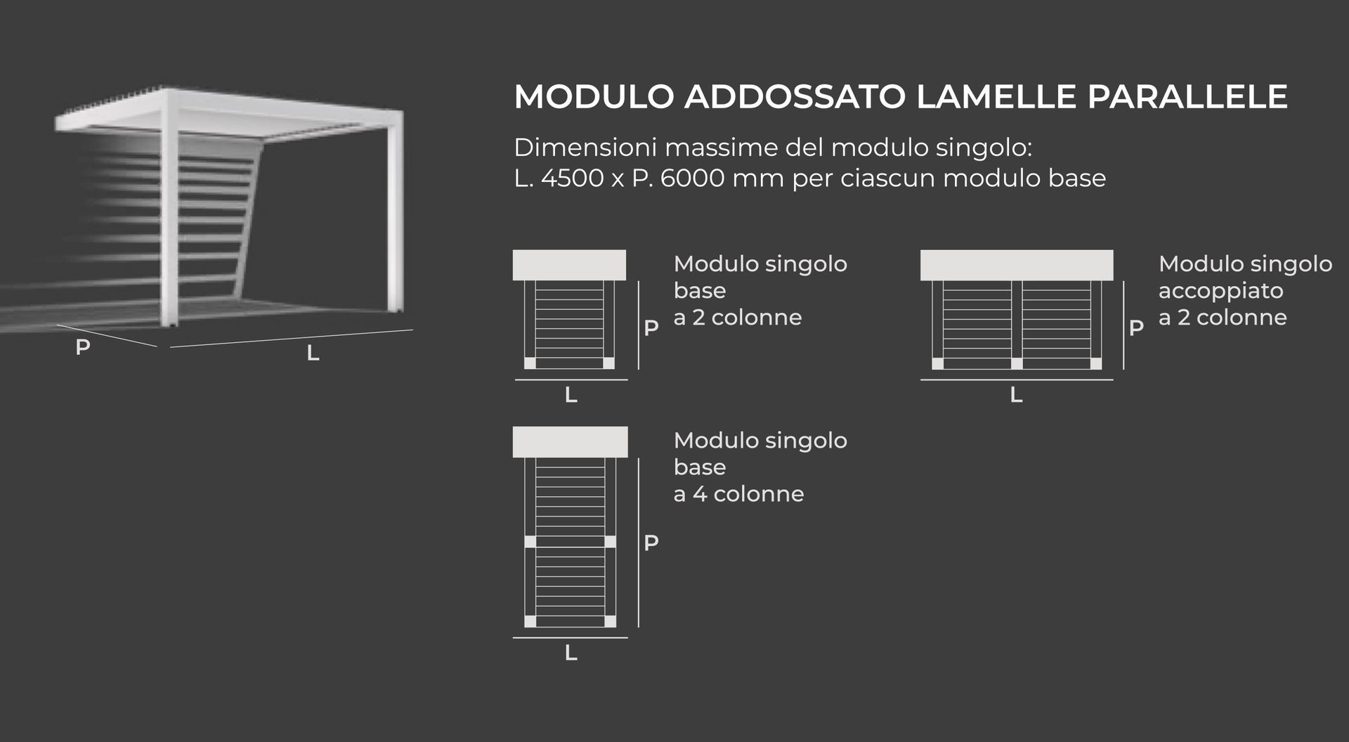 Un disegno in bianco e nero di un pergolato con le parole modulo addosso lato lamelle parallele