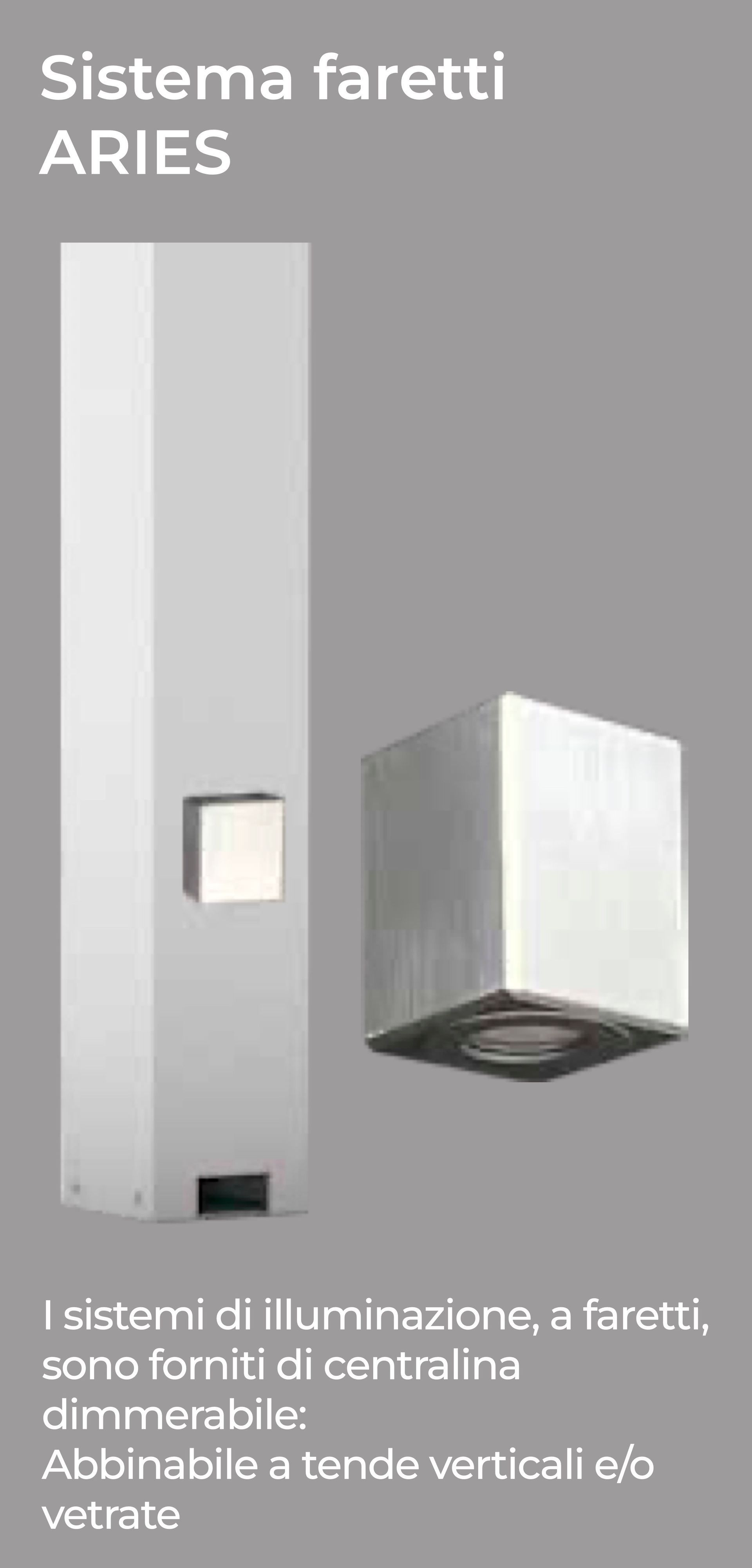 Un'immagine di un cubo e un pilastro con le parole sistema faretti aries sul fondo