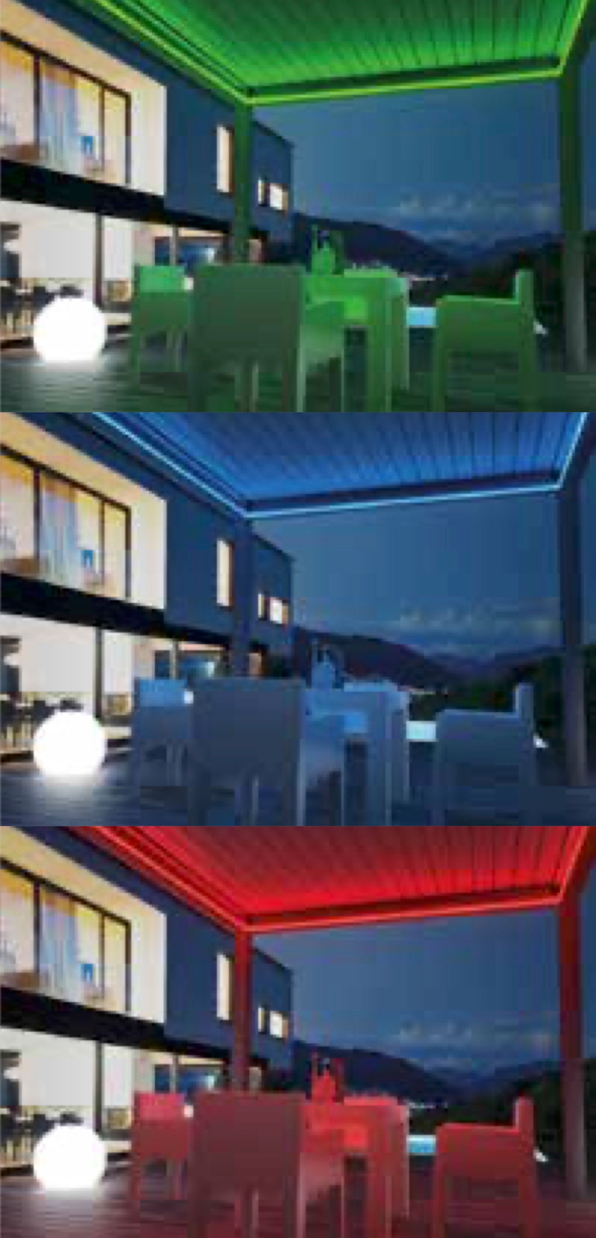 Un patio con tavoli e sedie e un pergolato con luci di diversi colori.