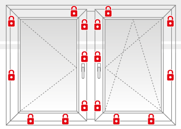 Uno schema di una finestra con delle serrature rosse