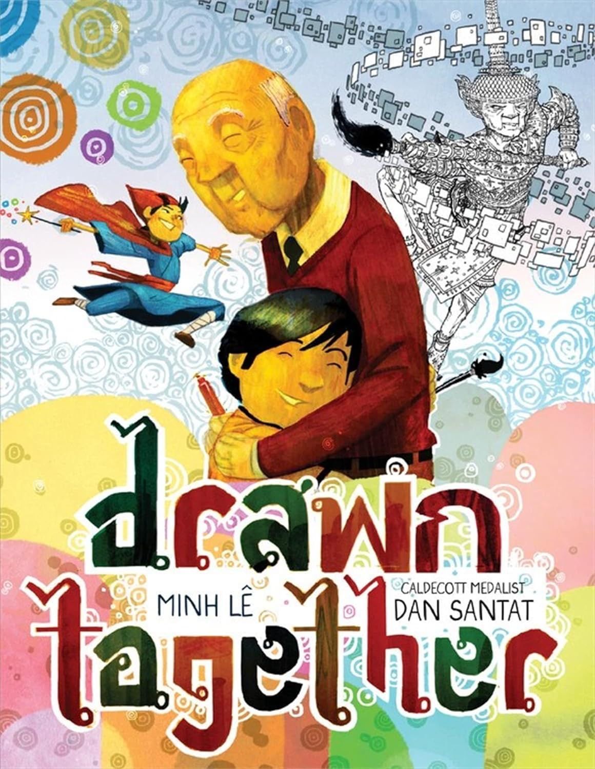 Cover art: A boy and grandfather embrace, surrounded by art, text in English and Thai.