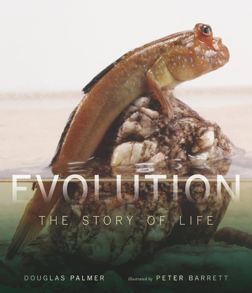 Mudskipper fish atop a rock, half-submerged in water. The cover of a book titled
