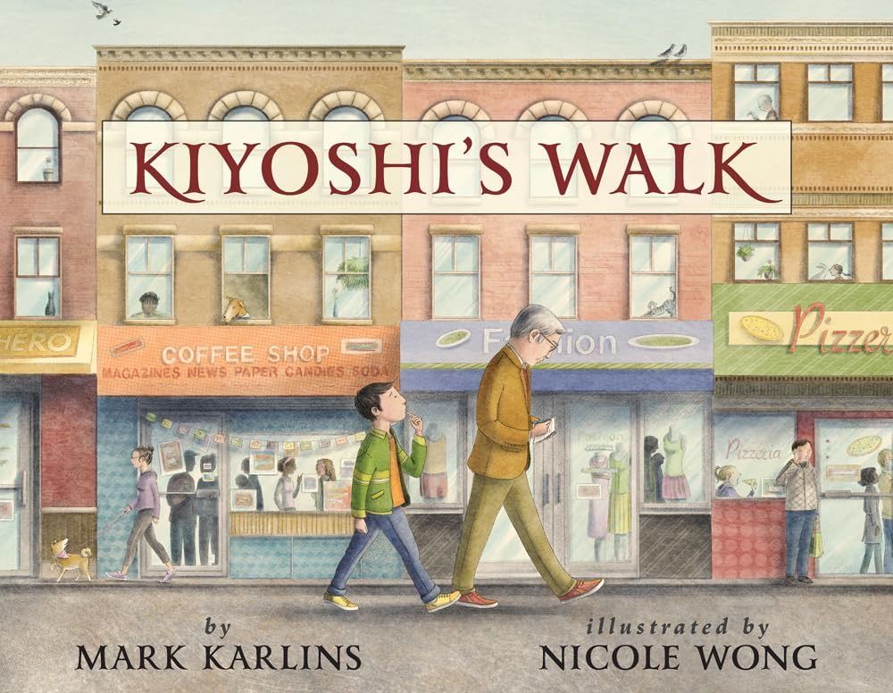 Kiyoshi walks with an older man down a city street. Shops and people line the sidewalk.