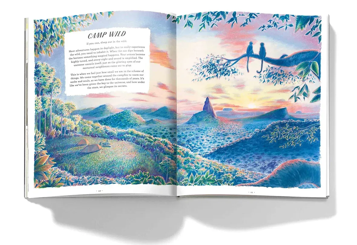 Open book illustration: Lush landscape with text box. Two figures perched on a tree branch, sunset.