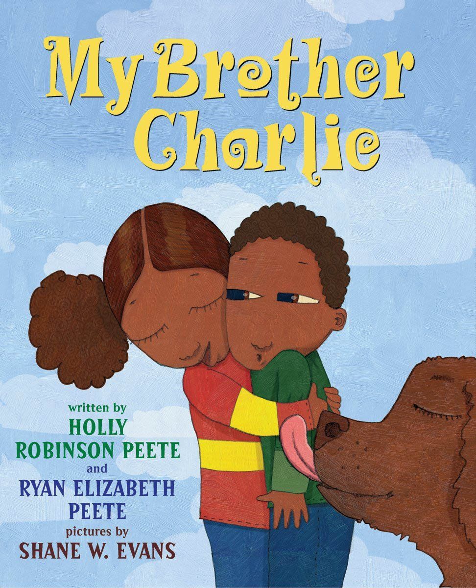 Two children hugging, with a brown dog licking one. Book cover, light blue background.