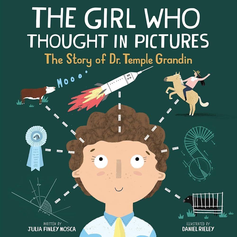 Book cover: Cartoon of a girl with thought bubbles showing a cow, rocket, and horse. Title:
