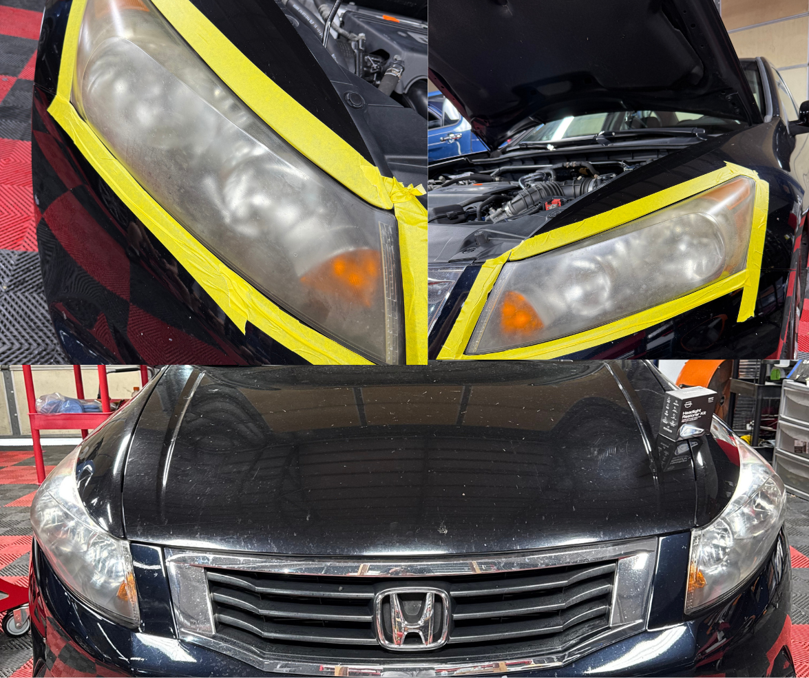 Headlight restoration process. Two stages before and after. Black car with tape. Clear headlights.