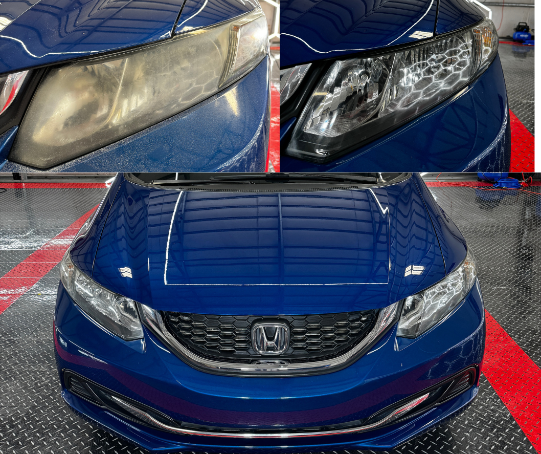 Blue car with hazy headlight (left) and clear headlight (right) before/after headlight restoration.