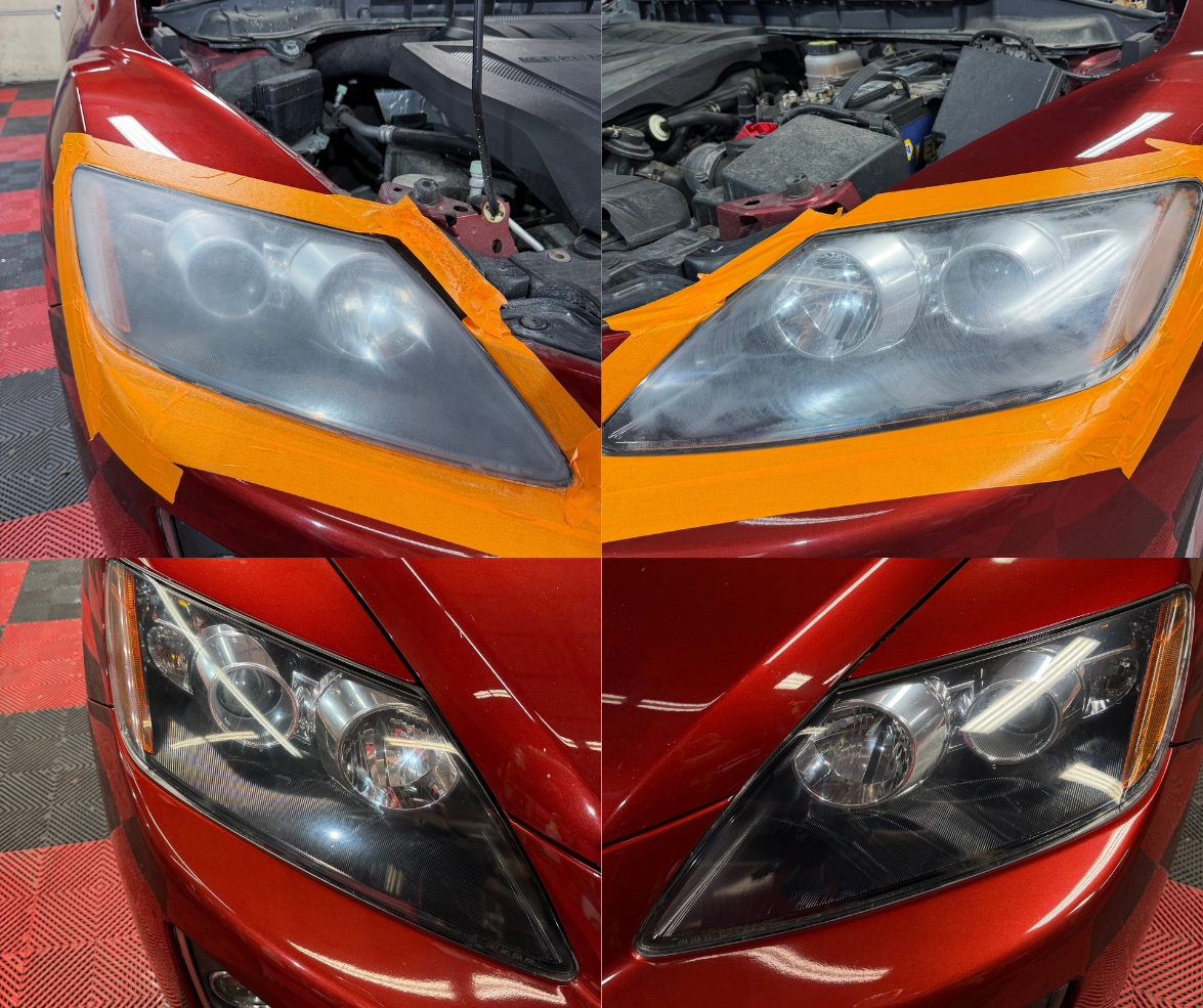 Headlight restoration process on a red car; before and after shots showing cloudy headlights clearing up.