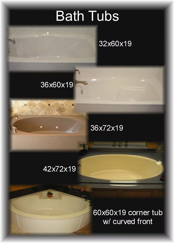 A display of five various bathtub models and their dimensions, ranging from standard rectangular to corner tubs.