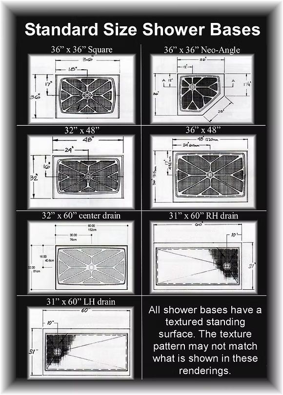 A chart titled Standard Size Shower Bases displays technical diagrams and dimensions for seven different shower base shapes.