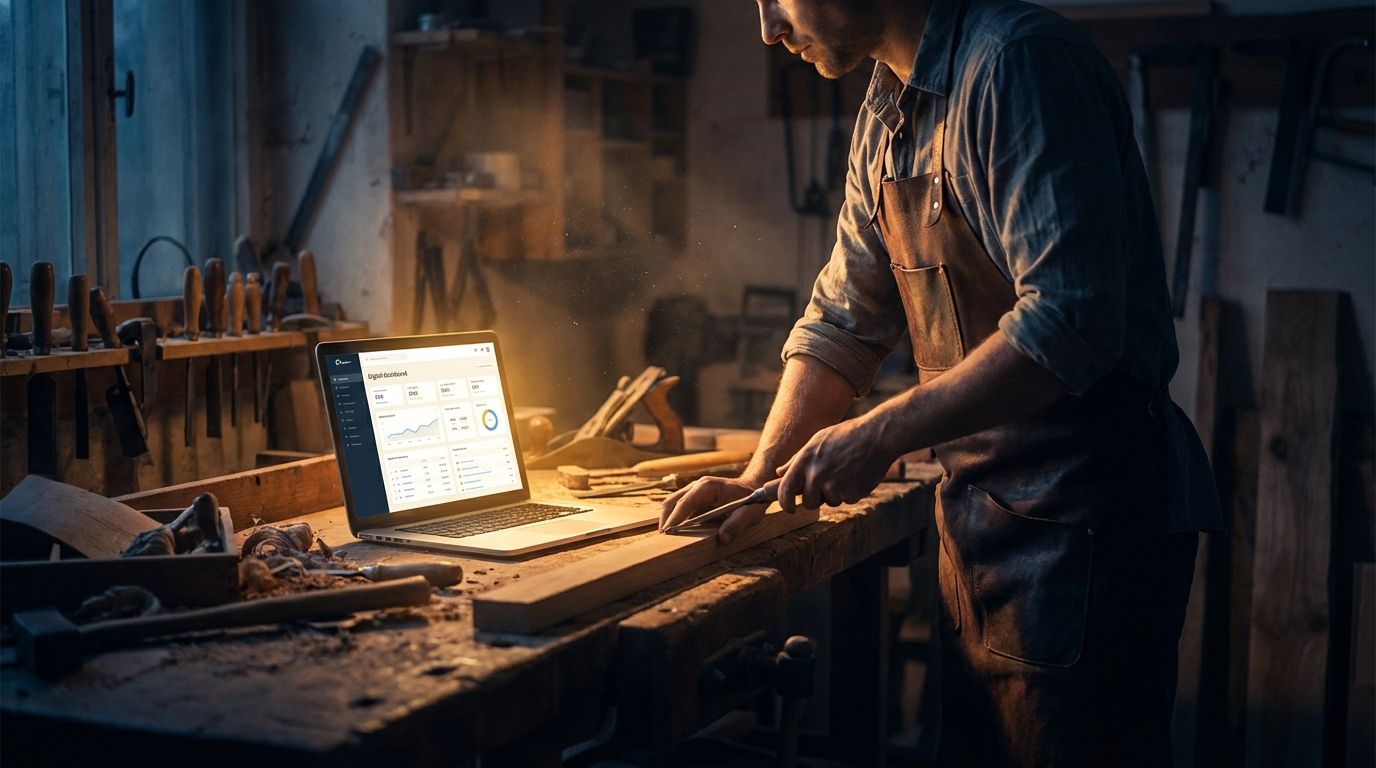 Carpenter using a chisel, working on wood at a workbench with laptop open, lit by a soft glow.