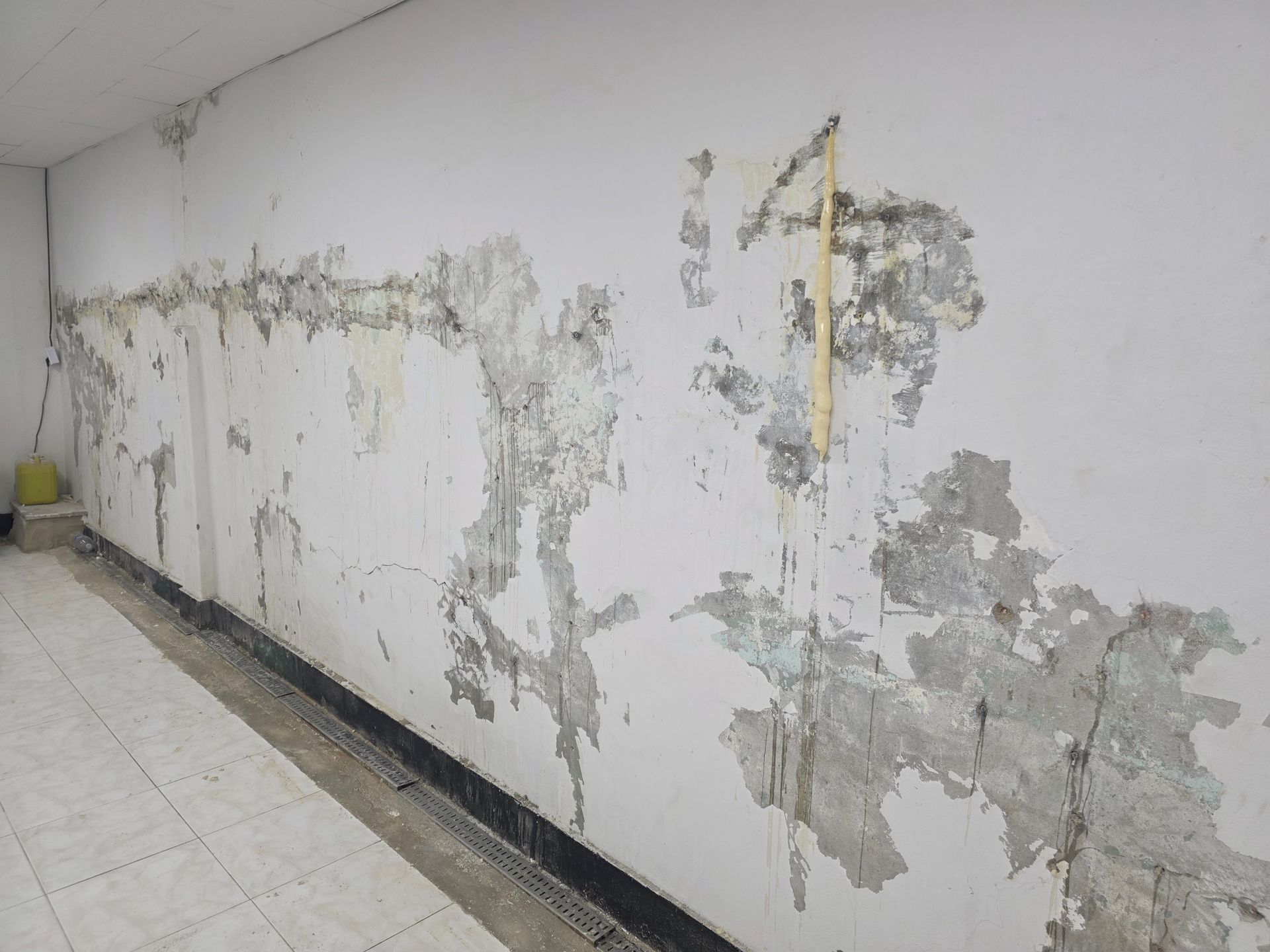 White interior wall with peeling paint, showing signs of water damage and discoloration.