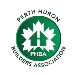 Perth-Huron Builders Association logo: green circular emblem with white maple leaf and house, PHBA text