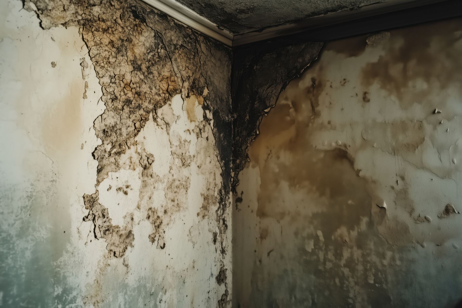 A corner of a room with a lot of mold on the wall.