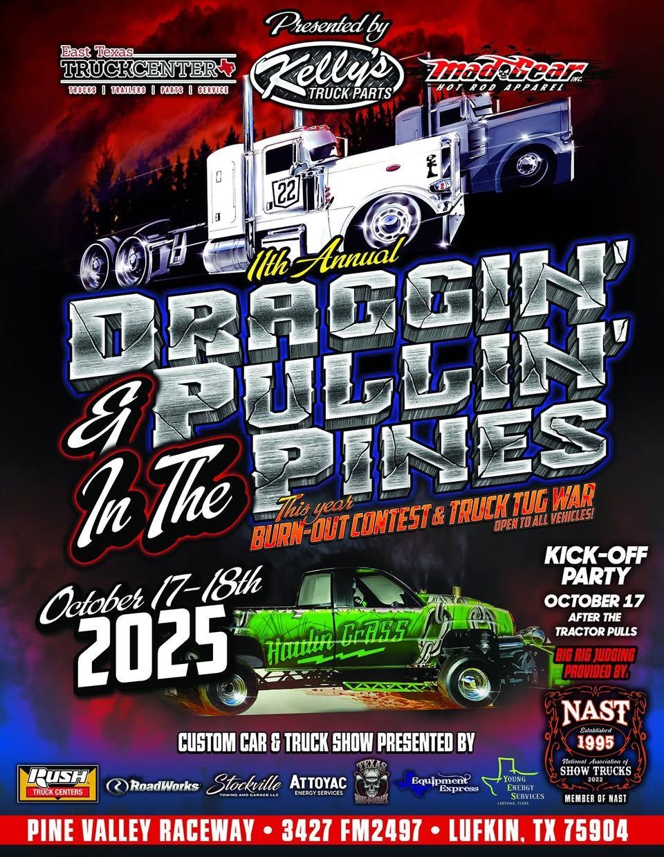 Poster for Draggin' & Pullin' in The Pines, a custom car and truck show at Pine Valley Raceway, Lufkin, TX, October 17-18, 2025.