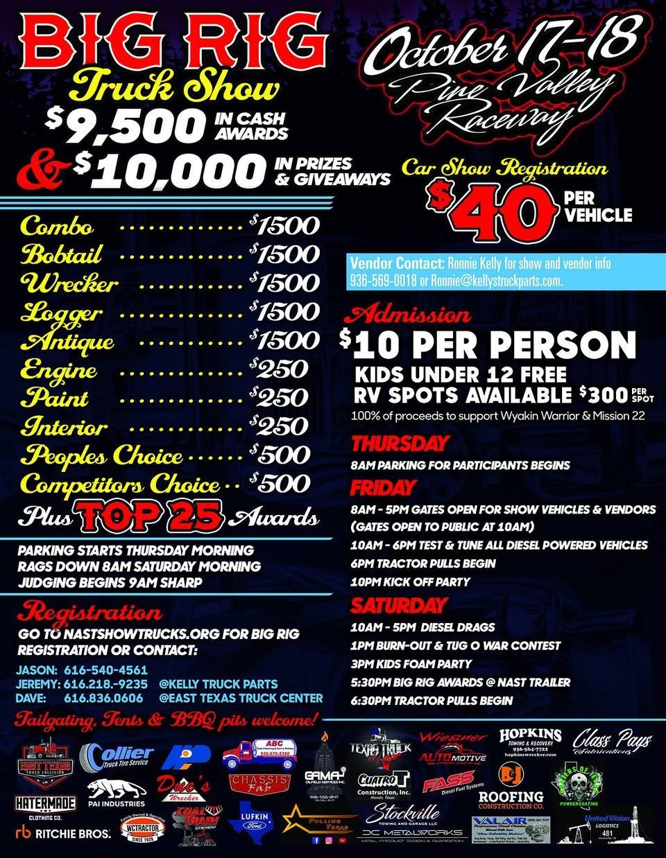 Big Rig Truck Show, October 17-18 at Pine Valley Ranch, with cash prizes, awards, and car show.
