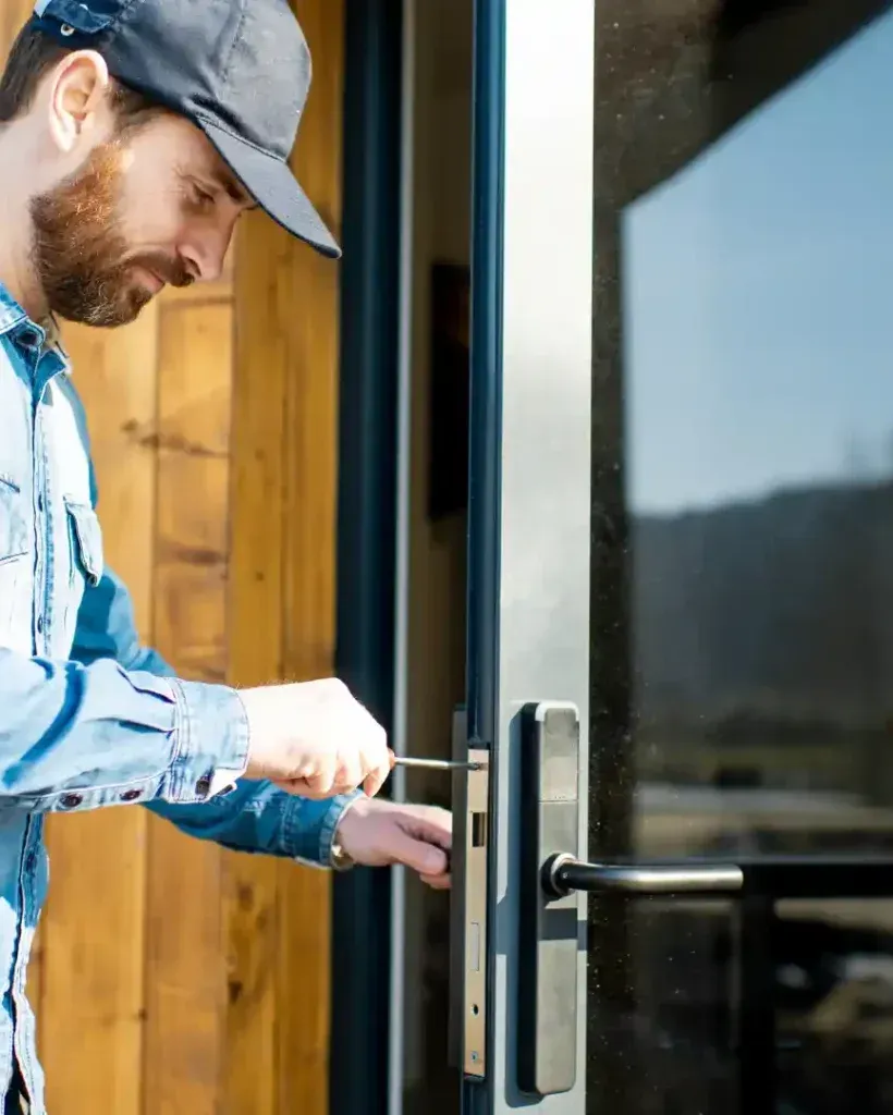 Man in denim shirt using a screwdriver on a door handle of a glass door.