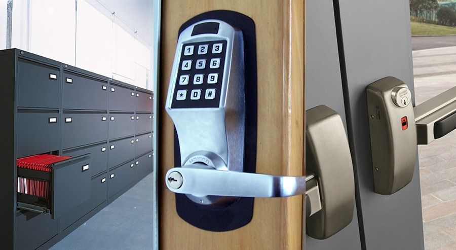 Cabinets, digital keypad door lock, and door lock security system.