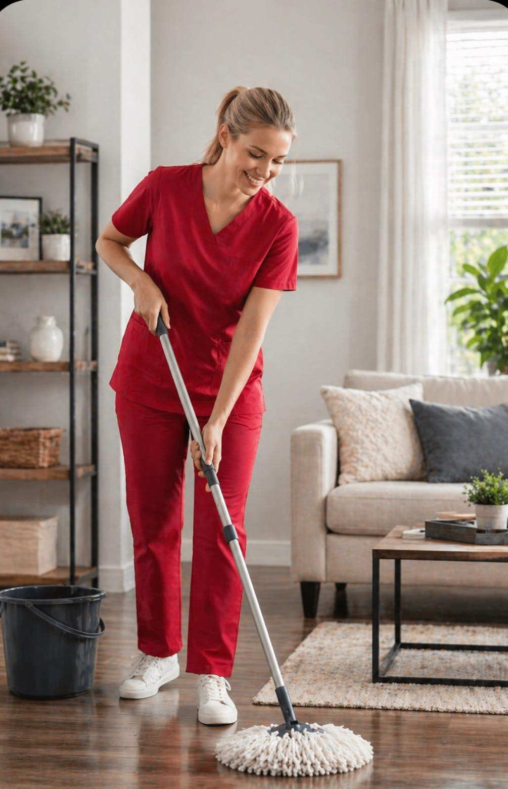 Person mopping a living room floor with a gray mop and bucket nearby